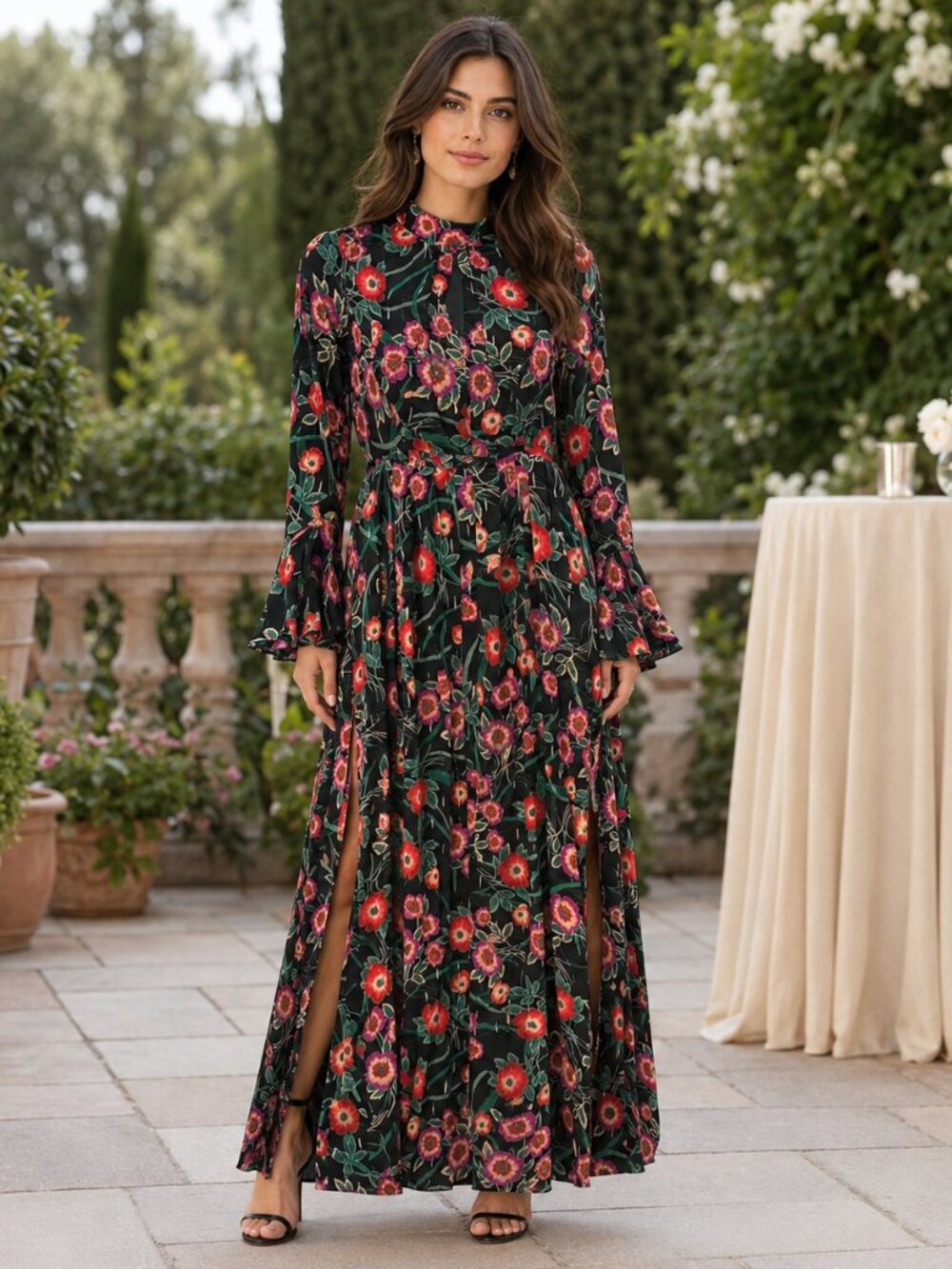 NWT MISA Kora Black Floral Metallic Open Back Maxi Dress M $470